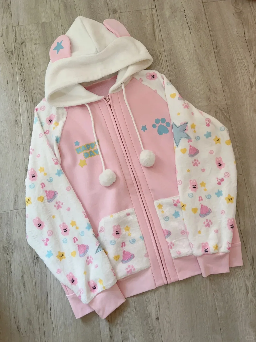Harajuku Zip Hoodies Women Japanese Sweet Lolita Sweatshirts Kawaii Cartoon Print Y2k Hooded Overcoat Korean Fashion Clothes Top