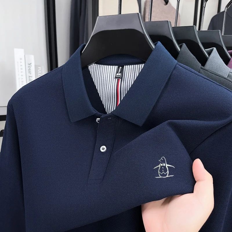 100 % reine Baumwolle, luxuriös, maßgeschneidert, neues Herren-Poloshirt mit langen Ärmeln, Business-Casual, bequemes Poloshirt, exquisites Marken-Pony-Stickerei-Top