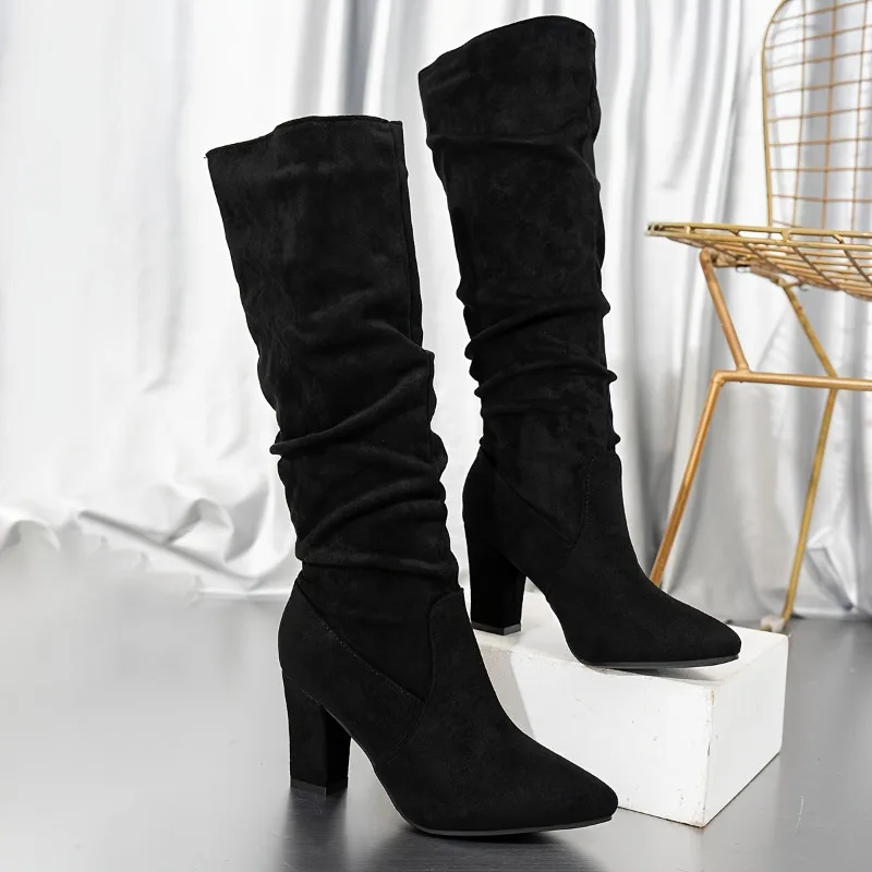 Women Pleated Flocks High Thick Heel Mid-calf Boots for Outdoor Office Evening Party Wedding Banquet Botas De Mujer Shoes