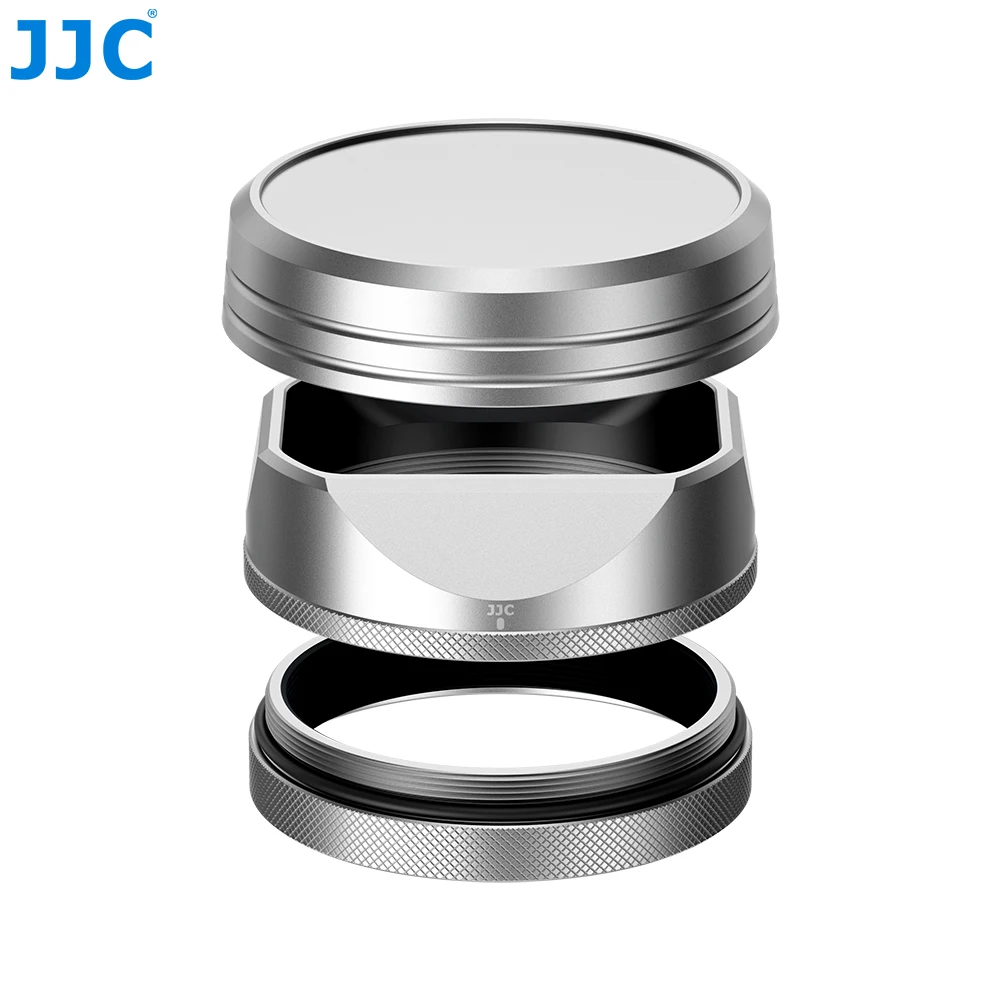 JJJC quadratische Metall-Gegenlichtblende für Fujifilm Fuji X100VI X100V Kamerazubehör mit Objektivdeckel 49 mm Adapterring-Set Silber Image
