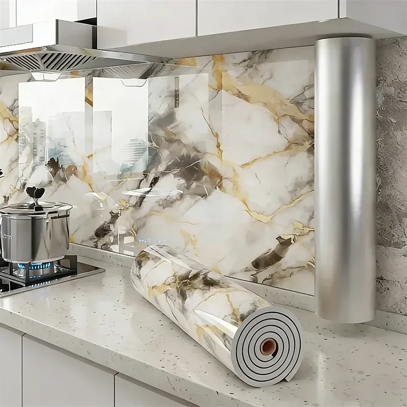 1 Rolle Marmor, wasserdicht und Antifouling, dicke Schaumstoff-Tapete, selbstklebender PVC-Wandaufkleber für Schlafzimmer und Wohnzimmer Image