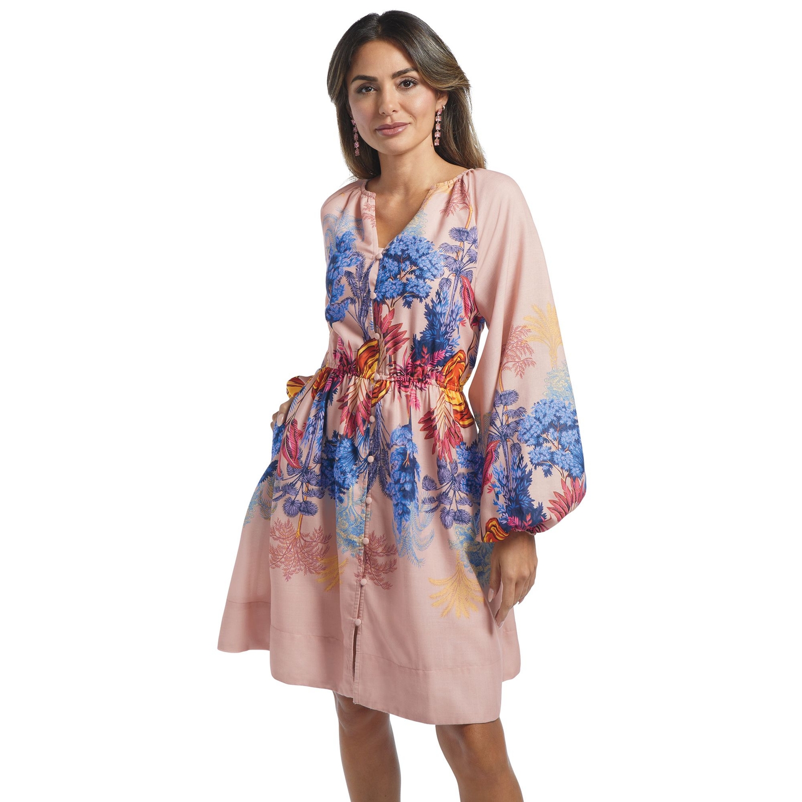 Masseys Garden A-Line Dress (Size L) Blush Tropical, Cotton,Polyester