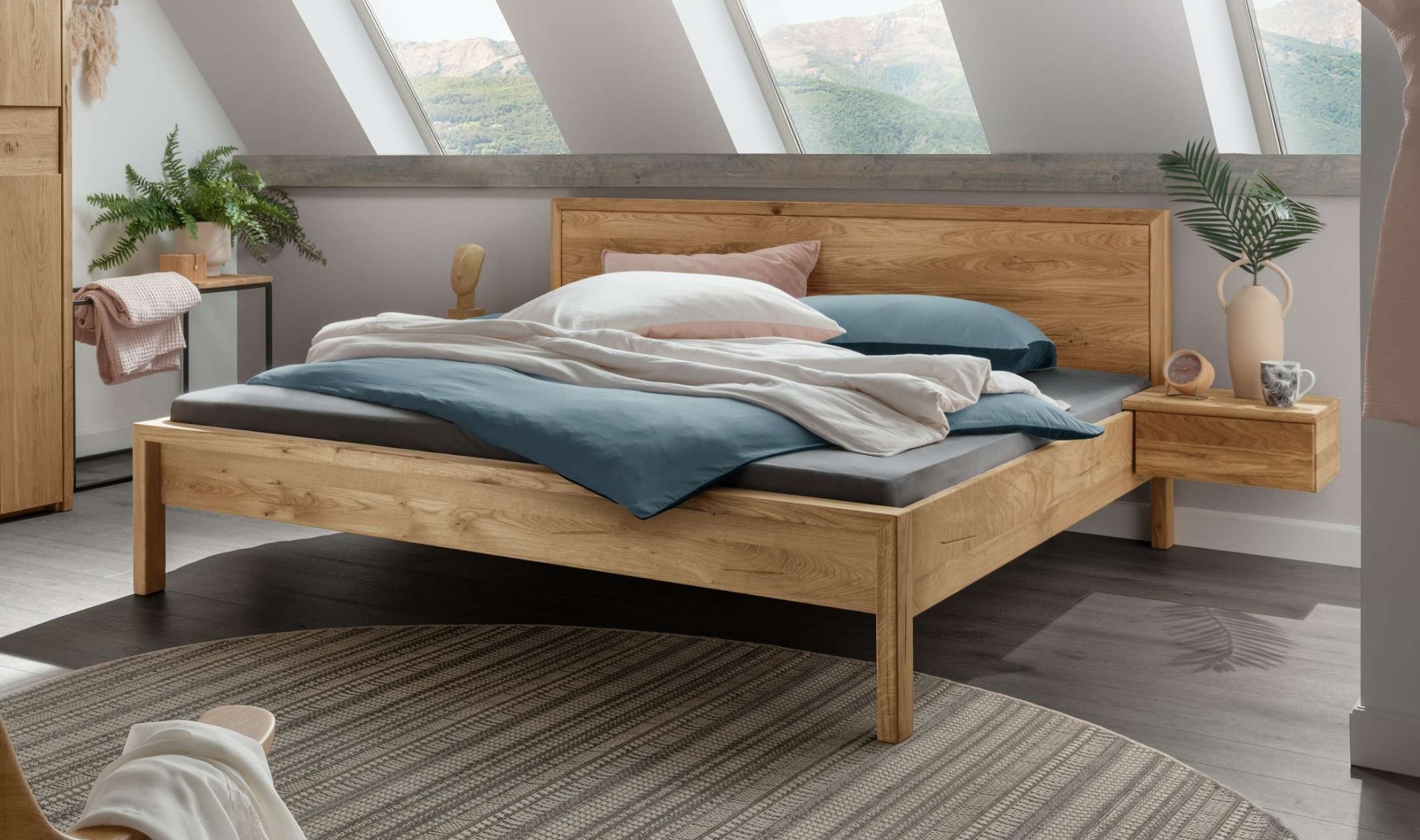 Schlafzimmer-Set HOME AFFAIRE "Huven Schlafzimmer", natur, B:140cm H:90cm T:200cm, Massivholz, Schlafzimmermöbel-Sets, Massivholzbett aus Eiche mit 2 Nachttische, FSC-zertifiziert, stabil