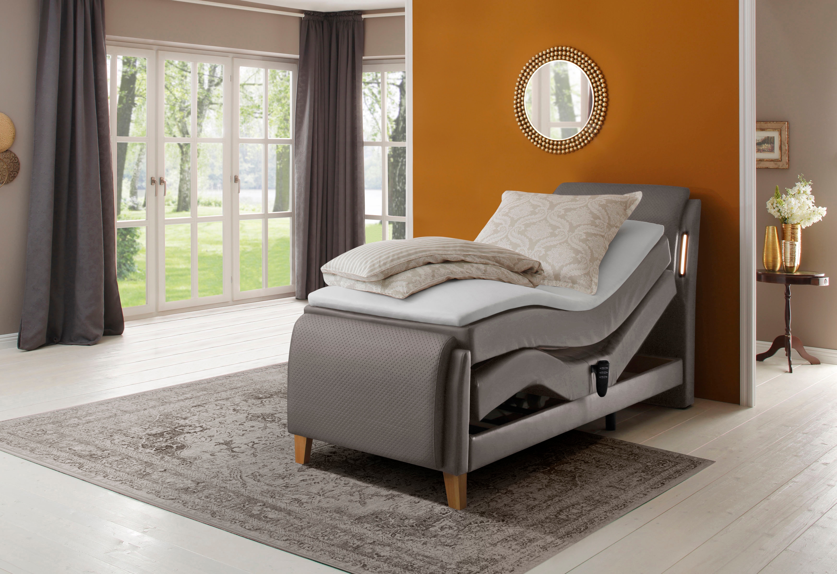 Boxspringbett HOME AFFAIRE "Messina2", grau (elephant), B:106cm L:240cm, Holzwerkstoff, Kunstleder, Massivholz, Komplettbetten, Boxspringbett, Liegekomfort elektrisch Verstellbar