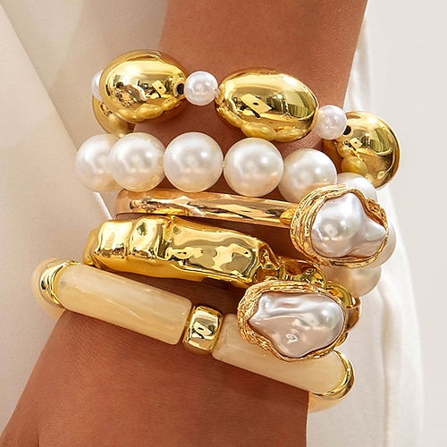 Carnival 2026 Accessori Samba del Carnevale di Rio Bracciali in Tonalità Oro con Perle per Donne - Set Impilabili con perle Barocche Bracciali Aperti e Charm a Cuore con Perline Costume per Festival