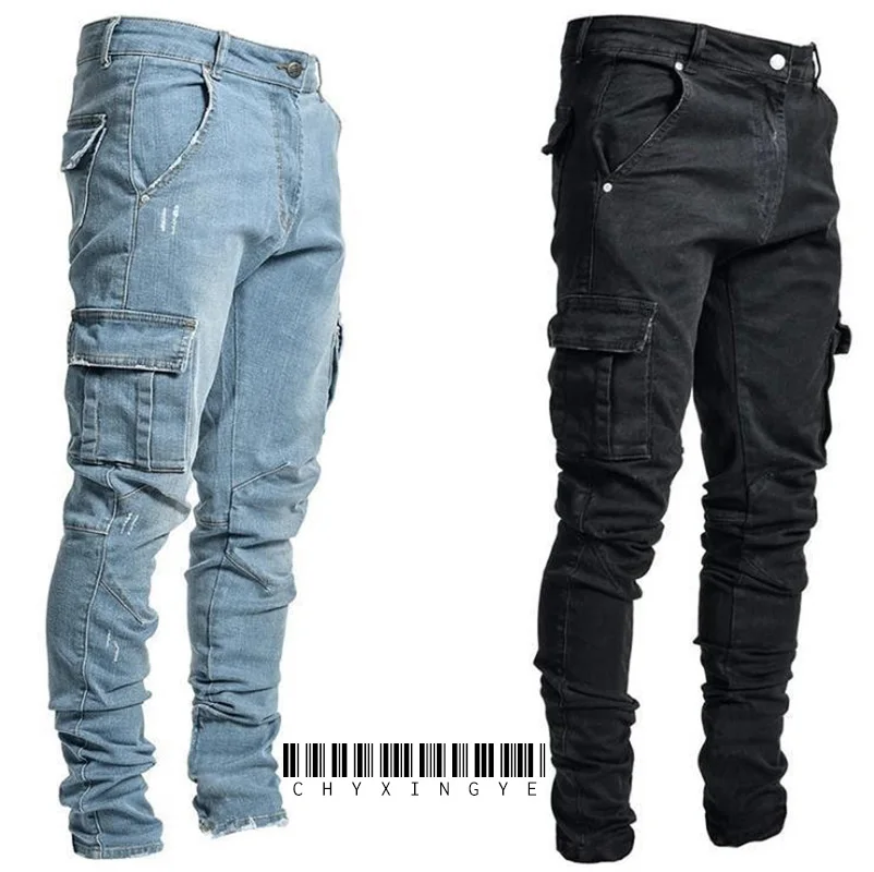 Neue Jeans Männer Hosen Waschen Einfarbig Multi Taschen Denim Mittlere Taille Cargo Jeans Plus Größe Mode Casual Hosen Männlichen Täglichen Verschleiß