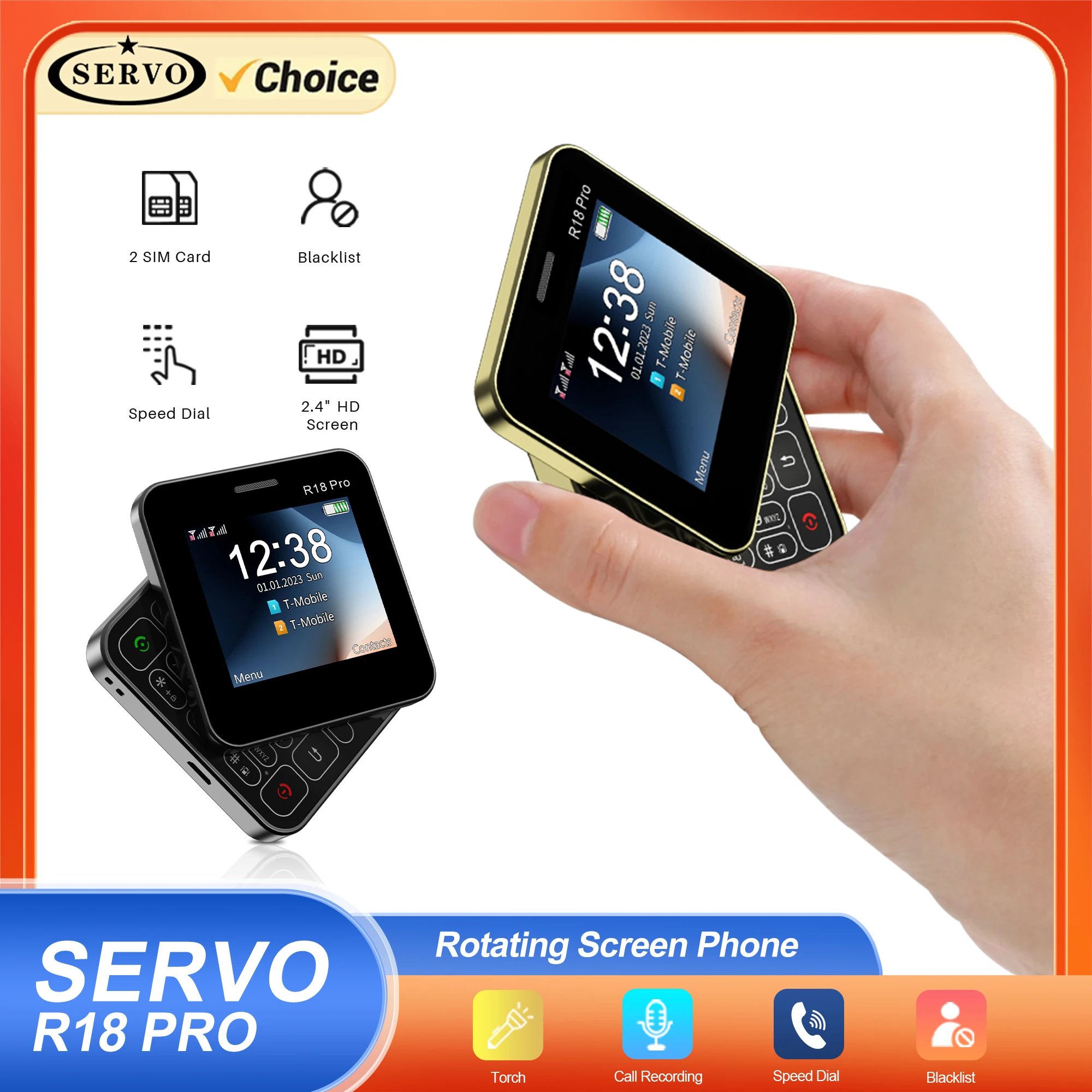 SERVO 90er ° Rotierendes Seitenschieber-Telefon, 2G GSM, FM-Radio, Taschenlampe, magische Stimme, MP4, Dual-SIM-Karten, 2,4 Zoll, drehbare Mini-Handys Image