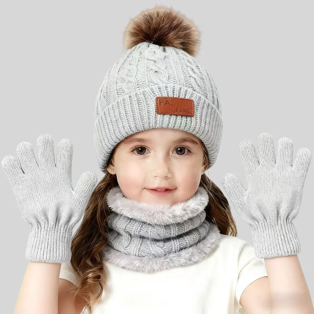 Winter warme winddichte Accessoires Kindermütze 3-teiliges Set Pom Pom Beanie Mütze + Fleece-gefütterter Schal + Handschuhe für Jungen Mädchen Image