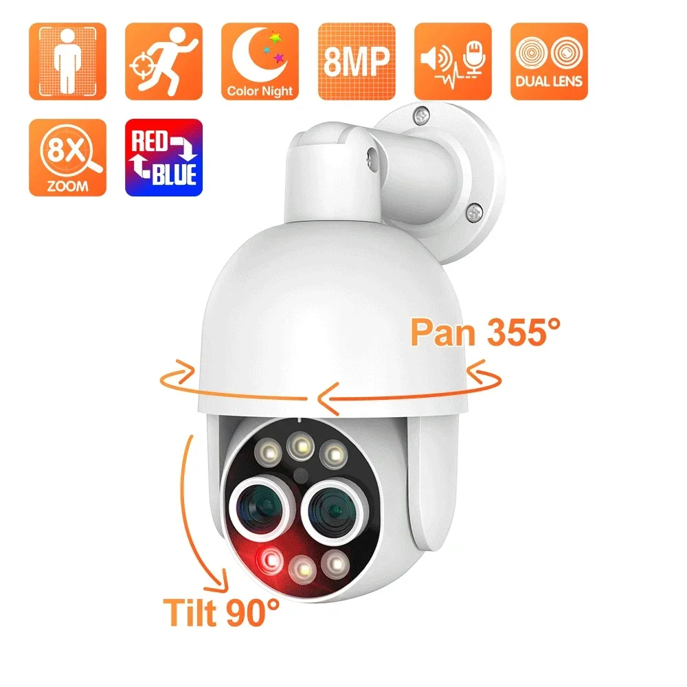 Techage HD 8MP POE Telecamera IP Audio esterno Doppia lente CCTV Video Smart AI Telecamera di sicurezza PTZ Sistema di sorveglianza di sicurezza NVR