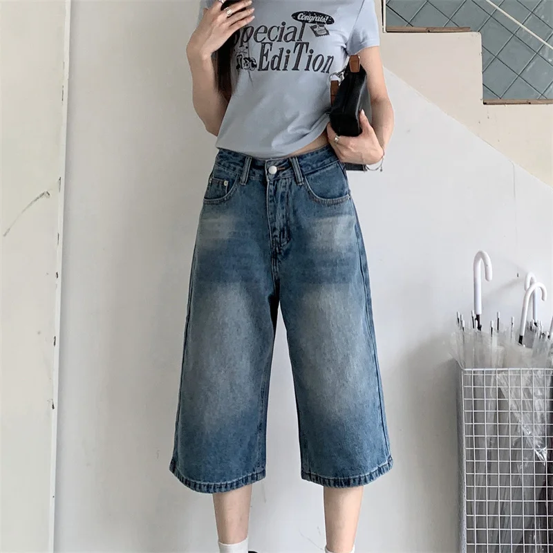 2025 Trend Damen Y2K Jeans – Koreanische Vintage Blue Denim Capris Hohe Taille Loose Fit Mittellange Hose 2716 Image