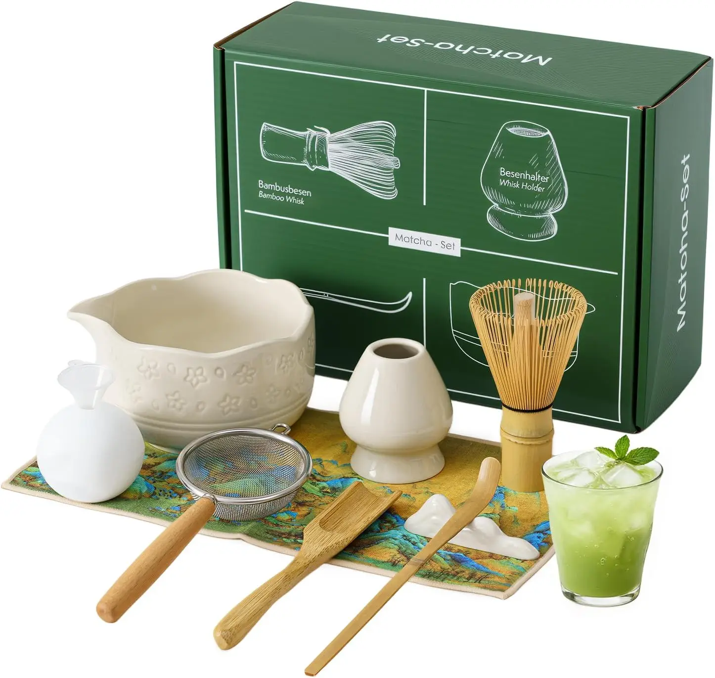 9PCS Set da tè Matcha giapponese Set da tè in bambù sicuro con frusta Cucchiaino Set da tè Ciotola Matcha Porta frusta Matcha per gli amanti del tè Strumenti per la preparazione del tè