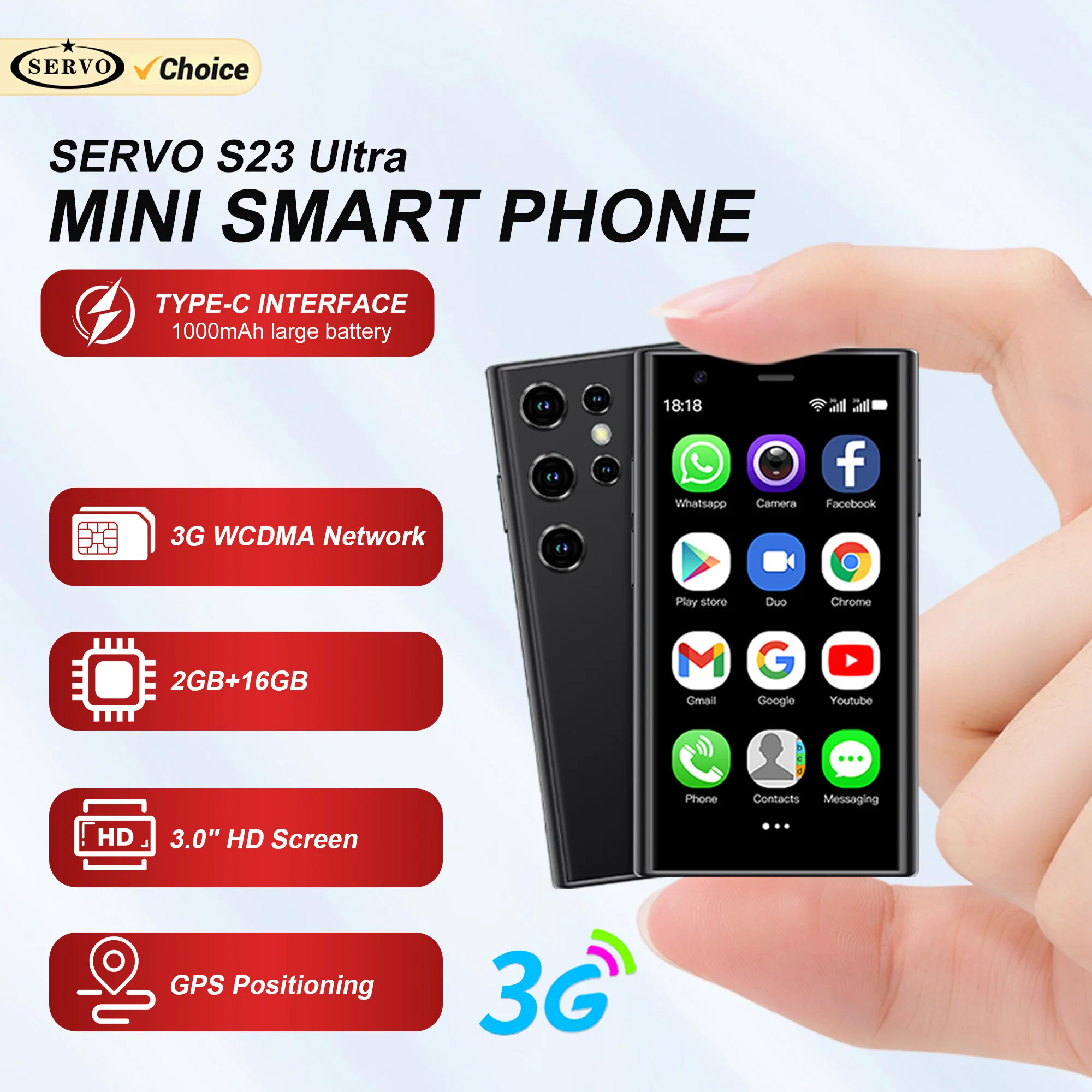 SERVO S23 Mini-Smartphone, Android-System, 3G WCDMA, 2 GB + 16 GB, GPS-Navigation, 3,0-Zoll-Display, kleines Taschen-Smartphone, Dual-SIM-Standby