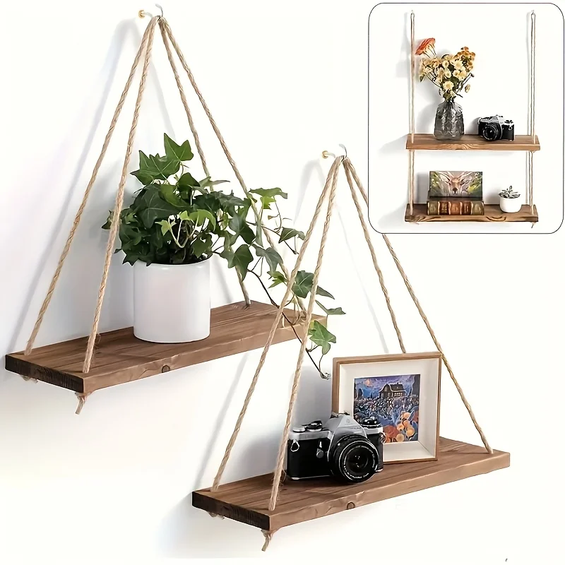Holz Hängenden Seil Regal Wand Lagerung Rack Hängen Ornament Hause Wohnzimmer Pflanze Blumentopf Tablett Lagerung Garten Dekoration Image