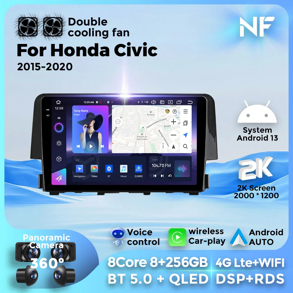 Navifly kabelloses Carplay für Honda Civic 10. 2018-2019 Android ai Voice Autoradio 2k qled Touchscreen Multimedia Stereo Player auto intelligentes system autoradio car acesssories gps tracker auto Image