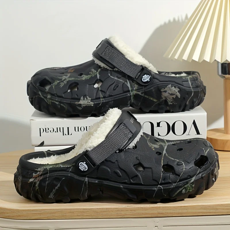 Herren Winter Camo Clogs Abnehmbares Kunstfellfutter Warme rutschfeste Hausschuhe für den Innen- und Außenbereich Schwarz EVA Lässige Komfort-Winterschuhe