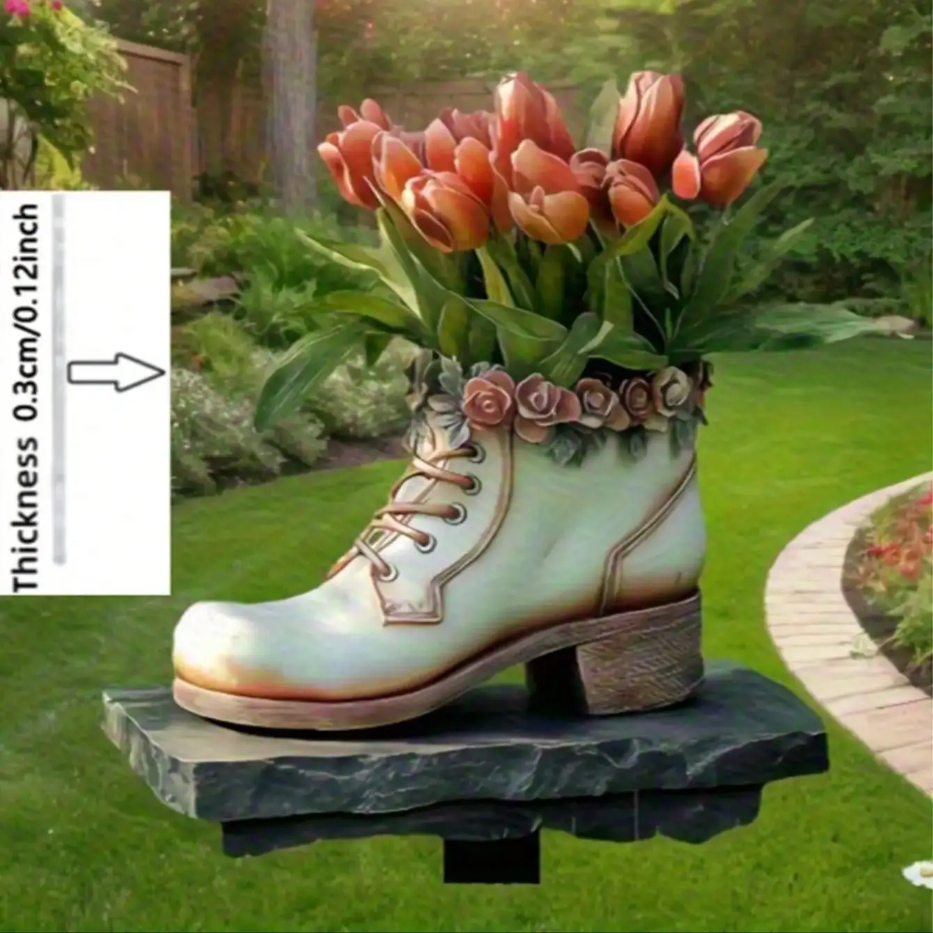 1 Stück lebendige 2D-Gartenstapel-Dekoration mit flachen „Schuhen und Tulpen“ – dekorative Kunst im Innenhof, Blumentopf-Füllmaterial Image