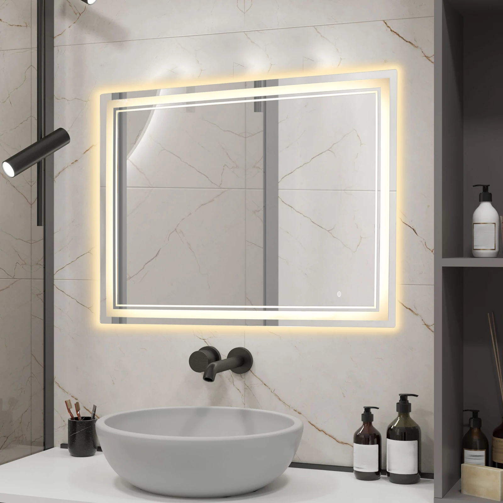 Specchio da bagno a LED, specchio da bagno a parete 70 * 90 cm, specchio per trucco rettangolare dimmerabile Specchio da bagno illuminato antiappannamento