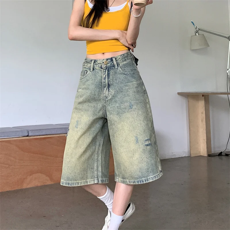 Damen 2026 Y2K American Vintage Washed Denim Capris Distressed Wide Leg Cropped Casual Pants Image