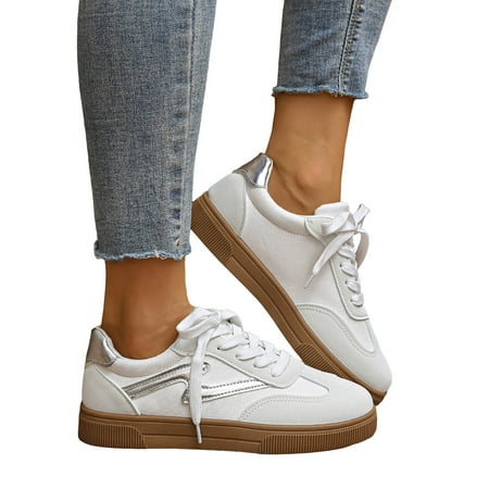 Womens Classic Retro Tennis Shoes Casual Lace Up Skate Shoes Rubber Sole Slip On Sneakers Non Slip Trainers White Size 6