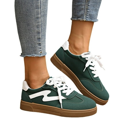 Womens Classic Retro Tennis Shoes Casual Lace Up Skate Shoes Rubber Sole Slip On Sneakers Non Slip Trainers Green Size 7.5