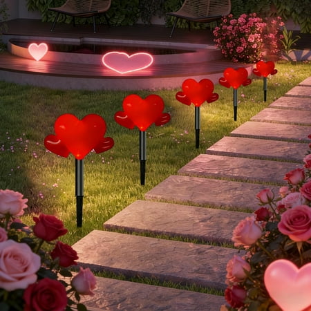 Solar Lights Outdoor Solar Garden Lights Valentines Day Solar Lights Heart Shaped Solar Lights LED Solar Lights for Yard Patio way Decor Solar Powered Lights String of 5 Lights