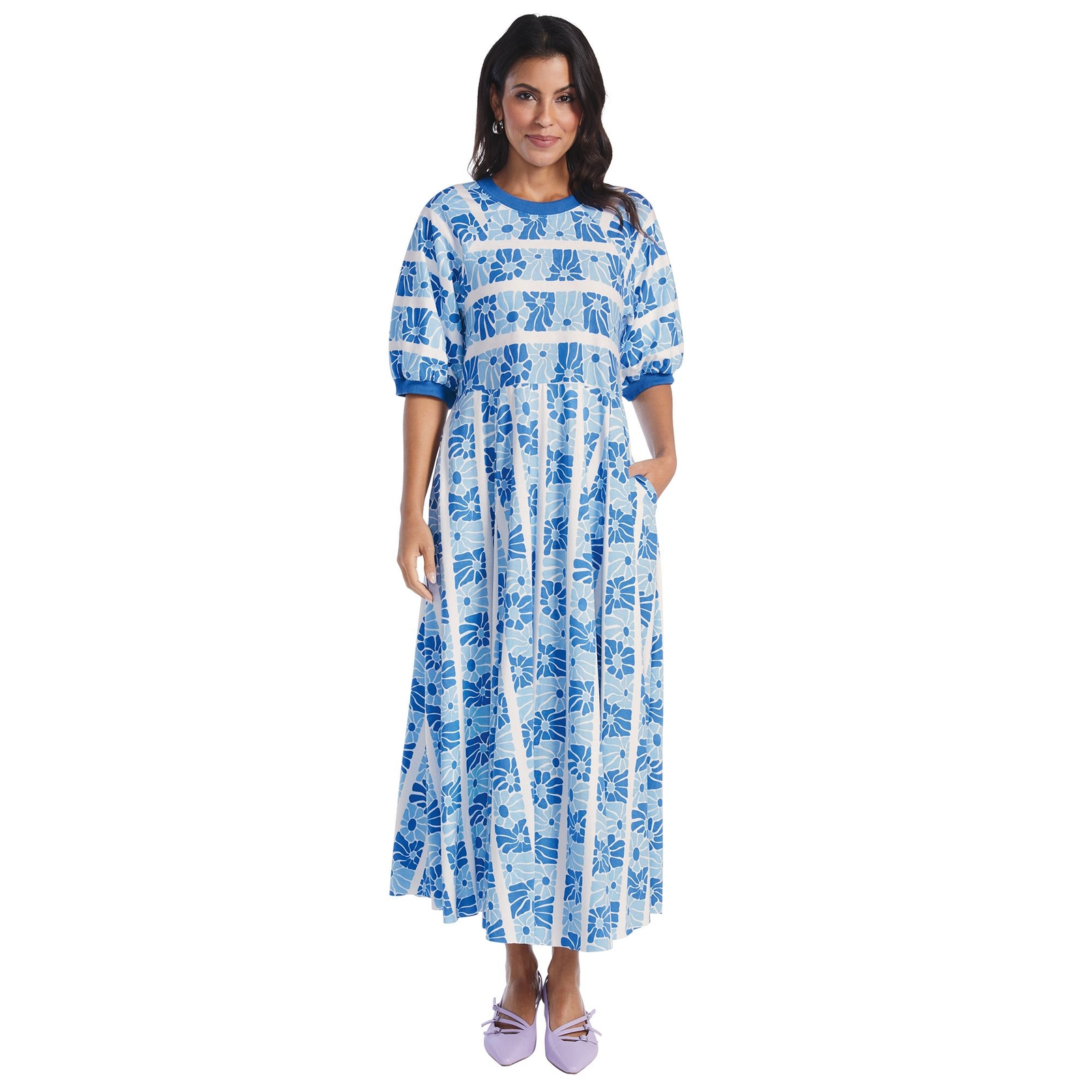 Masseys Daily T-Shirt Maxi Dress (Size S) Blue Floral/Stripe, Cotton
