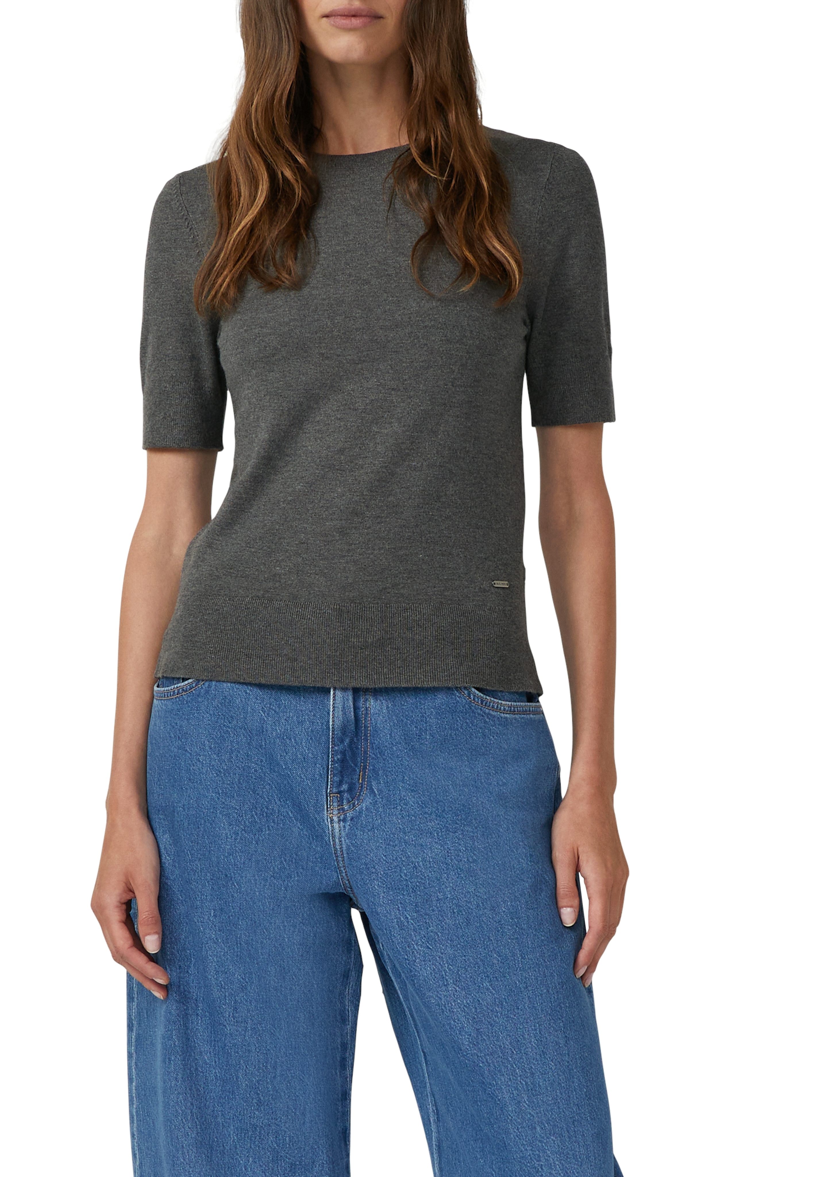 Kurzarmpullover S.OLIVER, Damen, Gr. 42, mid grau, Web, Obermaterial: 72% Viskose, 28% Polyester, unifarben, regular fit normal, Rundhals, Pullover, mit Logo Stickerei