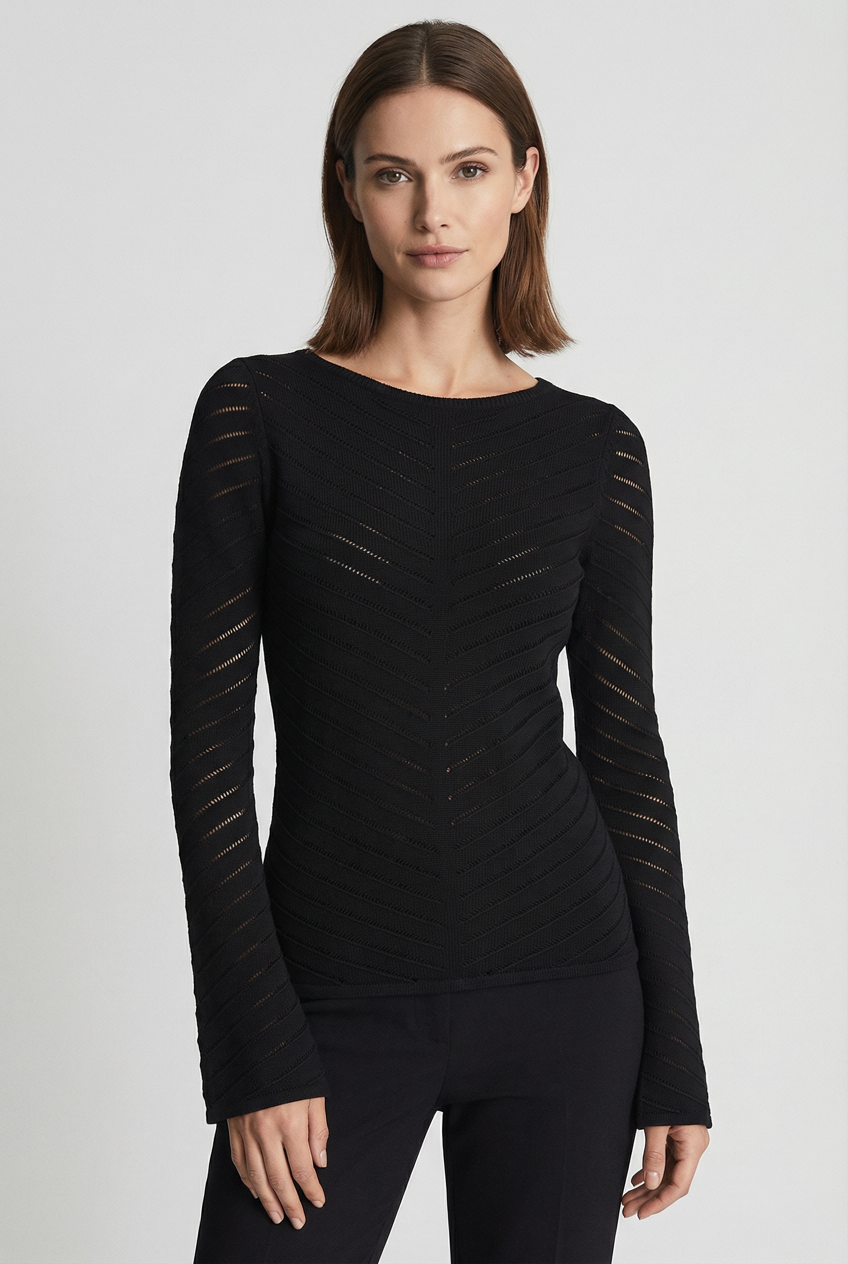 Strickpullover BOSS ORANGE "Falonina Premium Damenmode", Damen, Gr. M (38), schwarz 001, Strick, Obermaterial: 60% Schurwolle, 40% Polyacryl, unifarben, normal, Rundhals, Pullover Strickpullover, mit feinem Lochstrickmuster in Zick-Zack Struktur