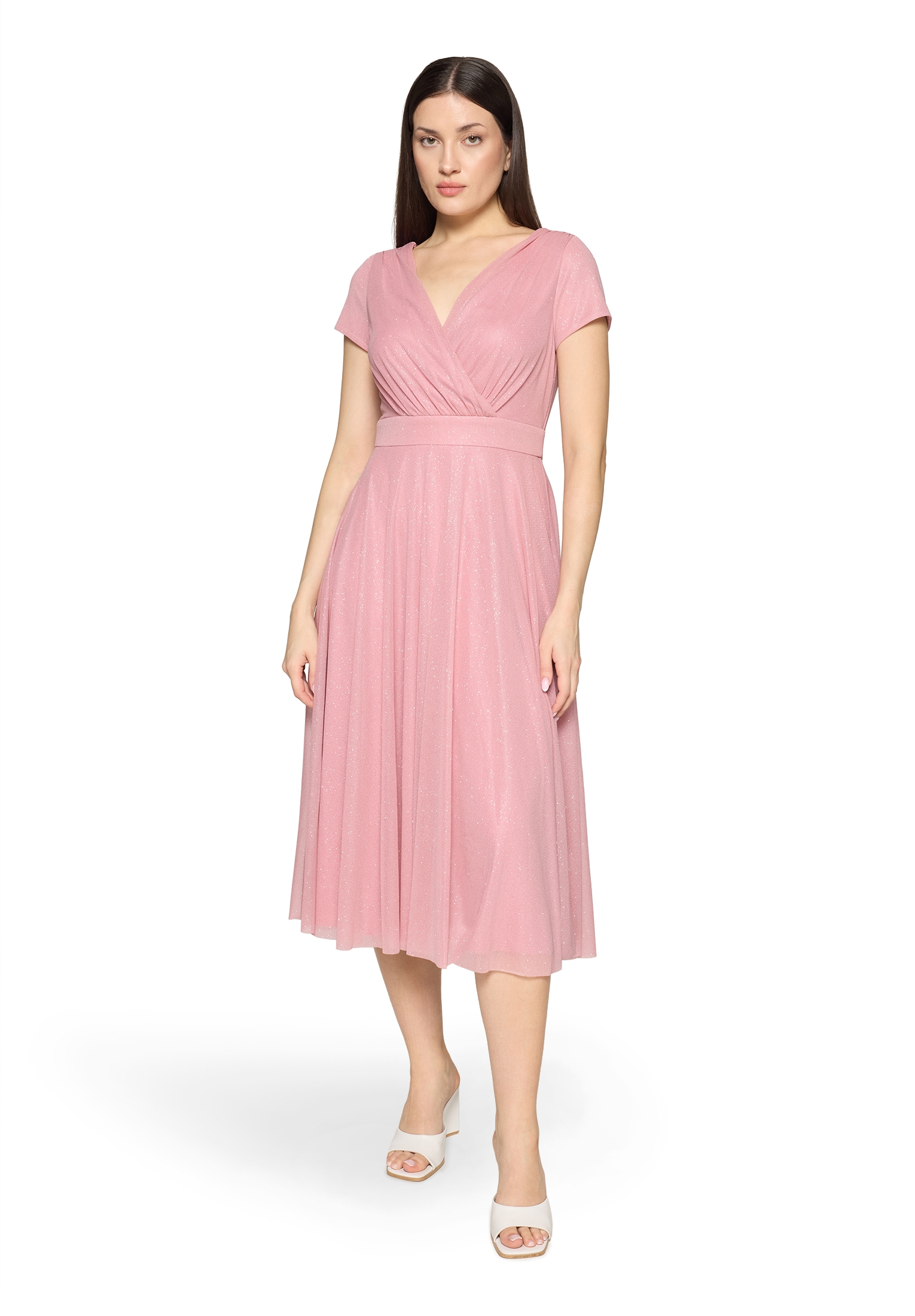 Cocktailkleid VERA MONT "Damen im Glitzer-Look", Damen, Gr. 44, Normalgrößen, silber, rosé, Netz, Obermaterial: 100% Polyester; Futter: 100% Polyester, ausgestellt kurz, V-Ausschnitt, Kleider, Stoff