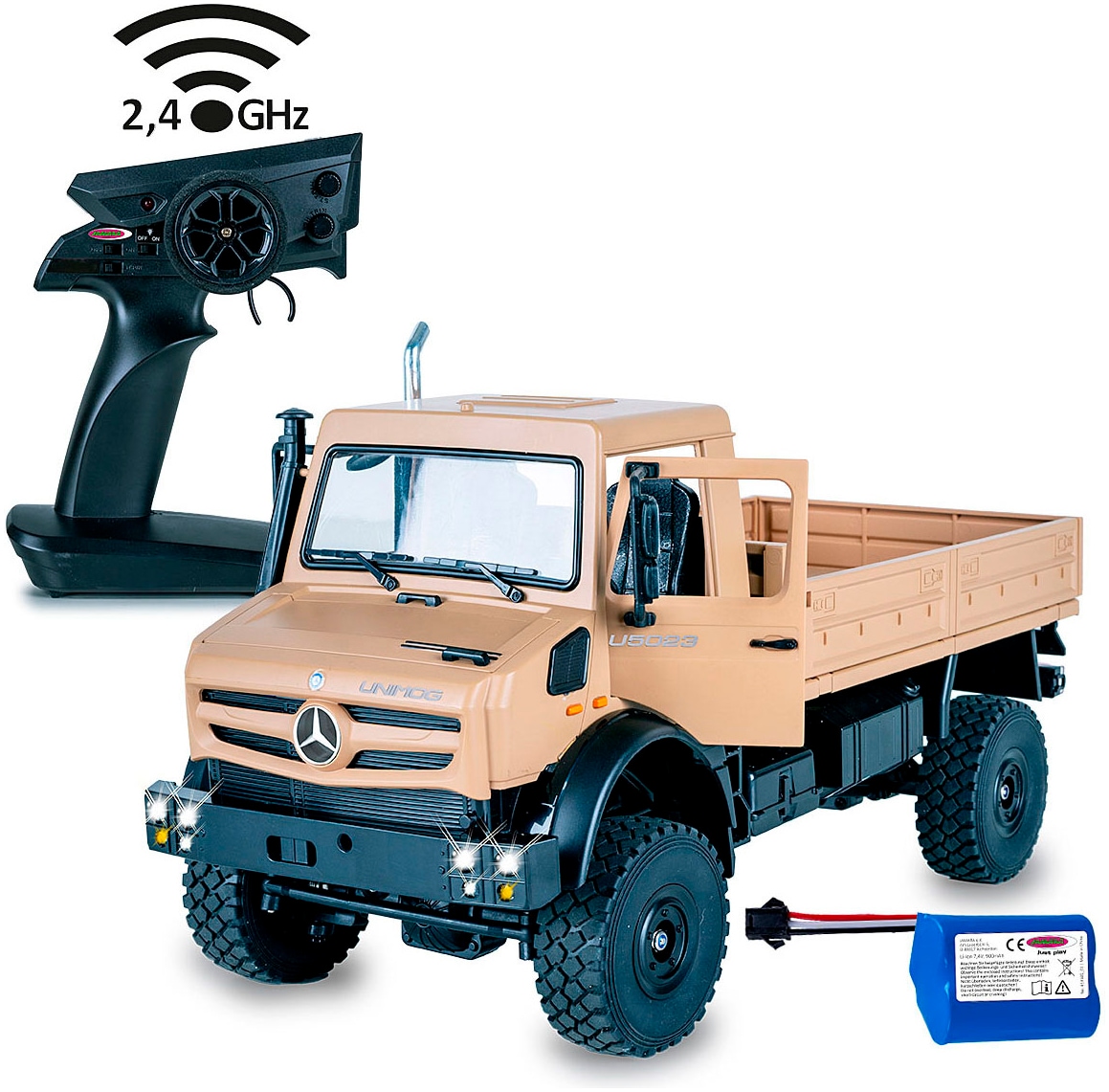 RC-LKW JAMARA "Mercedes-Benz Unimog U5023 beige 2,4GHz", beige, Fernlenkfahrzeuge, KinderB:14,5cm H:18,5cm T:32,5cm, Kunststoff, LED-Licht; Maßstab 1:14, B:14,5cm H:18,5cm T:32,5cm