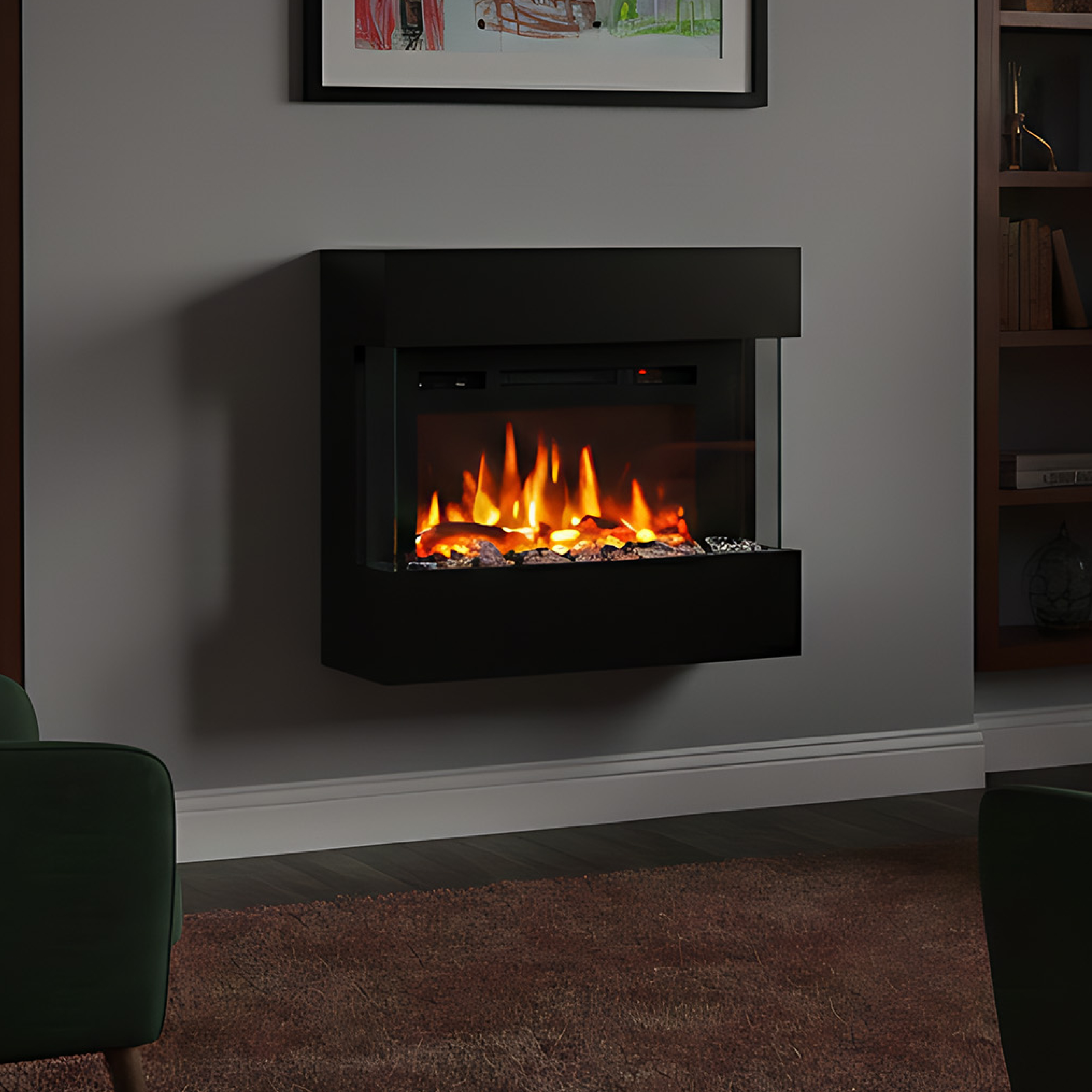 Noble Flame LIMA Wandkamin: Schwarz - mit weißen Acrylsteinen