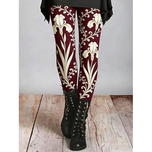 Damen Leggings Gemütliche Leggings Urlaub Vintage Ethno-Stil Volle Länge Hohe Taille Blumen Grafik Drucken Komfort Bequem Dehnbar Lässig Täglich Urlaub Wein Frühling Herbst Schmale Passform Image