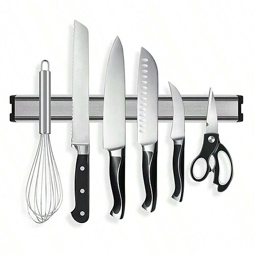 1 Stück magnetischer Messerhalter aus Aluminiumlegierung zur Wandmontage, robustes Metall-Küchenmesserregal ohne Löcher, Aufbewahrungsmöglichkeit durch starke Magnete, platzsparendes Design, einfacher Image