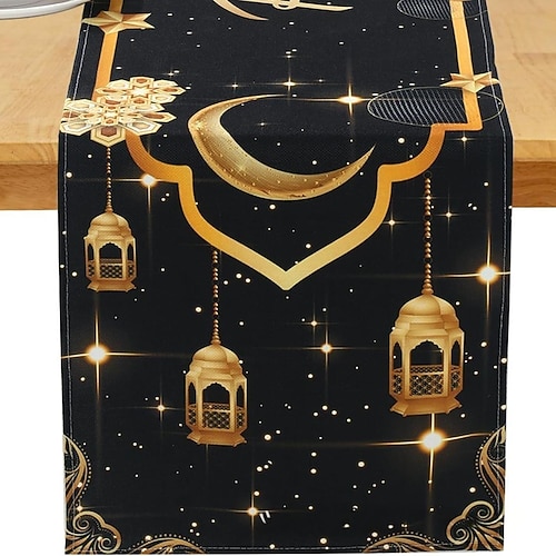 Tischläufer für Ramadan-Eid, Mond Tischdecke mit Goldmuster, hitzebeständig, geeignet für Küche und Eingangsbereich, elegantes Wohnaccessoire für Feiertage und den täglichen Gebrauch Image