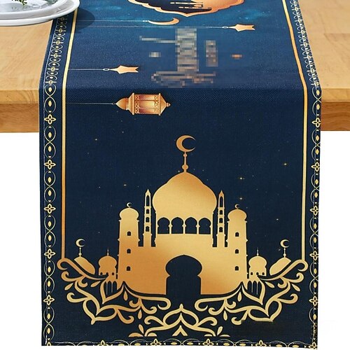 Tischläufer für Ramadan-Eid, Mond Tischdecke mit Goldmuster, hitzebeständig, geeignet für Küche und Eingangsbereich, elegantes Wohnaccessoire für Feiertage und den täglichen Gebrauch Image
