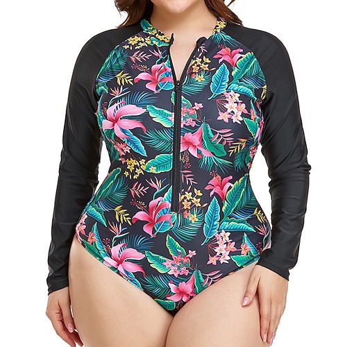 Damen Badeanzug Einteilige Plus Size Rash Guard Blumen Tropisch Reißverschluss UV Schutz Elastisch Langarm Bademode Surfen Strand Urlaub Sommer Image