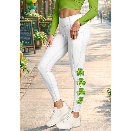 St. Patrick Damen Pilates-Leggings Fitnesshose Trainingsleggings Taschen Stempelsteuer Seitentaschen Pilates Fitnessstudio Fitnesstraining Hosen Strumpfhosen Leggings Blumenmuster Kleeblatt Weiß Grün Image