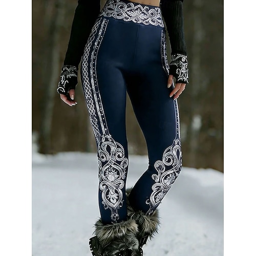 Damen Leggings Urlaub Vintage Ethno-Stil Volle Länge Hohe Taille Grafik Geometrisch Weich Bequem Dehnbar Täglich Heim Outdoor Wein Schwarz Marinenblau Grün Sommer Frühling Herbst Winter Schmale Image