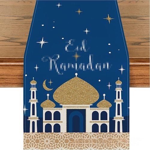 Tischläufer für Ramadan-Eid, Mond Tischdecke mit Goldmuster, hitzebeständig, geeignet für Küche und Eingangsbereich, elegantes Wohnaccessoire für Feiertage und den täglichen Gebrauch Image