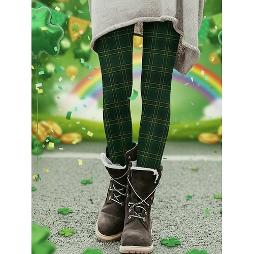 Damen Leggings Gemütliche Leggings Urlaub Lässig Volle Länge Hohe TaillePantsSt. Patrick Tag Grafik Karomuster Drucken Komfort Bequem Dehnbar Lässig Täglich Urlaub Dunkelgrün Grün Armeegrün Frühling Image