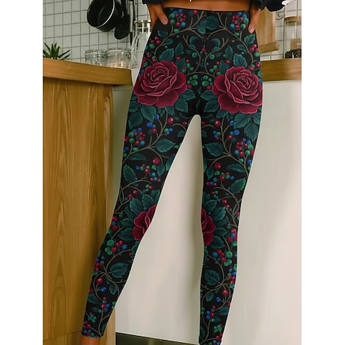 Damen Leggings Gemütliche Leggings Urlaub Vintage Lässig Volle Länge Hohe Taille Grafik Rose Drucken Komfort Bequem Dehnbar Lässig Täglich Urlaub Schwarz Rot Grün Frühling Herbst Schmale Passform Image