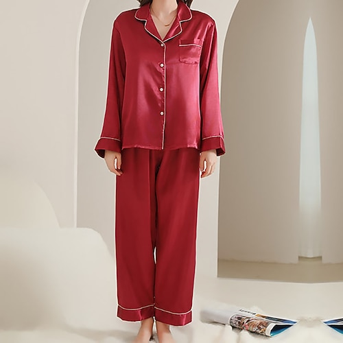 Damen Freizeitkleidung Schlafanzug Set Mode Lässig Einfarbig Elastischer Bund Knöpfe Hose Heim Urlaub Langarm Revers Schwarz Weiß Rosa Rote Grün Frühling Herbst Figurbetonter Schnitt Image
