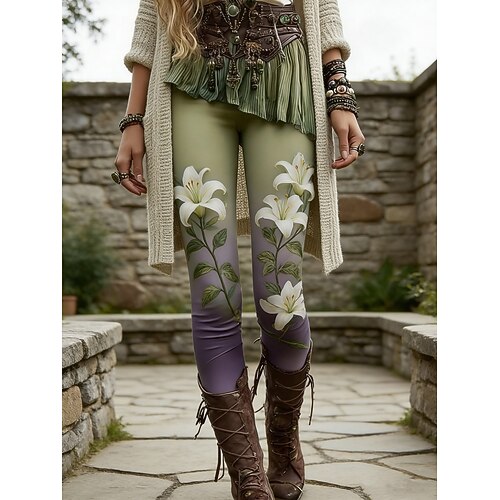 Damen Leggings Gemütliche Leggings Urlaub Vintage Ethno-Stil Volle Länge Hohe Taille Blumen Grafik Drucken Komfort Bequem Hohe Elastizität Lässig Täglich Urlaub Grün Sommer Frühling Herbst Schmale Image