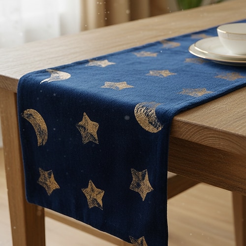 Ramadan Eid nordisches Grün goldener Stern Tischläufer mit Mond-Paillettenstickerei im skandinavischen Stil, festliche und alltägliche Esszimmerdekoration, perfekt für Partys und als Image