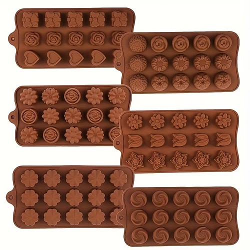 6er-Pack Silikon-Schokoladenformen, blütenförmige, lebensmittelechte Antihaft-Backformen für Süßigkeiten, Butter und Desserts in verschiedenen Formen Image
