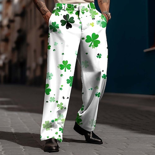 St. Patrick's Day Herren Vierblättriger Klee Shamrock Hosen Anzughosen Mittlere Taille Mode Freizeit Feiertag Lockere Passform Flachfront Anzughosen mit Seitentaschen Frühling Herbst 3D Druck Weiß 1 Image