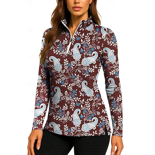 Damen Golf-Poloshirt Tennis Shirt Tennis-T-Shirt Langarm Druck Viertel Postleitzahl Pullover UV Schutz Elastisch Atmungsaktiv Volleyball Tennis Golfspiel Reißverschlusskragen Hemd Polo Rot Image