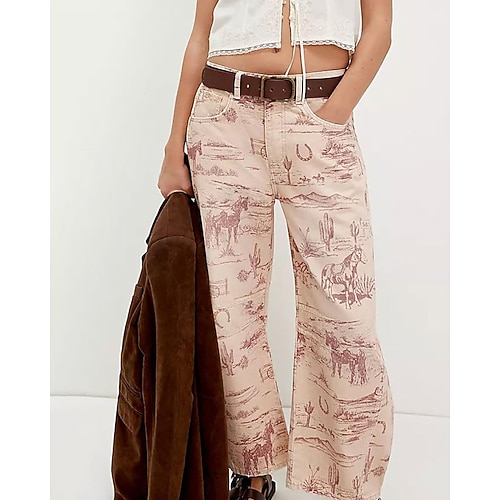 Damen Chinos Gerade Urlaub Streetwear Lässig Volle Länge Mittlere Taillenlinie Blumen Tasche Elastischer Bund Drucken Bequem Komfort Unelastisch Täglich Outdoor Asche Kamel Fuchsie Frühling Herbst Image