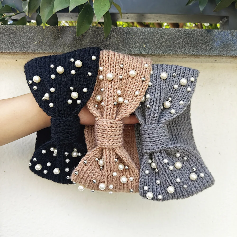 Perle Schleife Gestrickte Stirnbänder Winter Ohrwärmer Kreuz Headwrap Turban Breite Krempe Kopfbedeckung für Frauen Mädchen Mode Haarschmuck Image