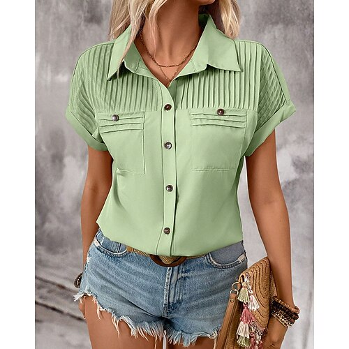 Damen Hemd Bluse Gerafft Knöpfe Einfach Elegant Stilvoll Kurzarm Hemdkragen Normale Oberteile Täglich Arbeit Ferien Hellgrün Rosa Purpur Orange Grün Sommer Frühling Herbst Image